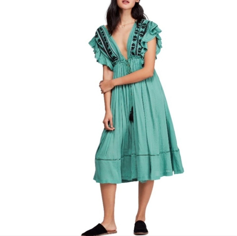 Free People Will Wait For You Midi Dress Embroidery Lace Oversized Green Sm NWT - Picture 10 of 16